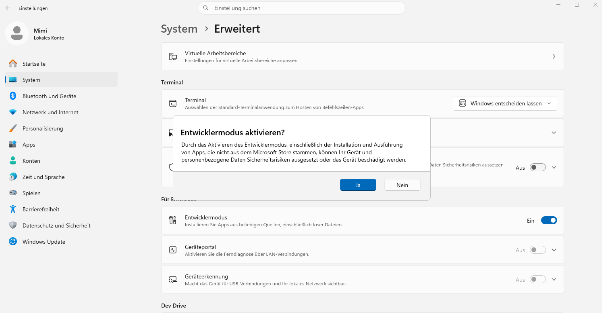 Entwicklermodus auf Windows Gerät aktivieren
