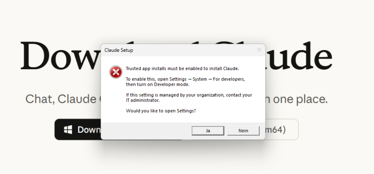 Fehlermeldung Claude Installation - Entwicklermodus aktivieren
