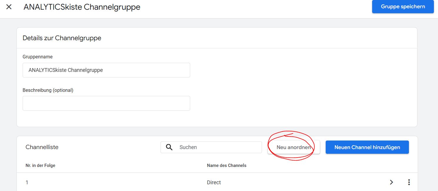GA4 Channelliste neu anordnen
