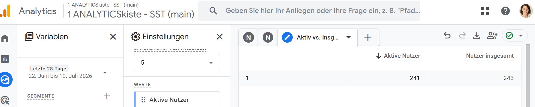GA4 Custom Report Aktive Nutzer vs. Nutzer insgesamt