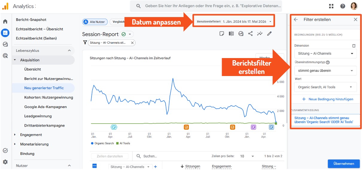 GA4 Neu generierter Traffic Bericht - Datum und Filter anpassen
