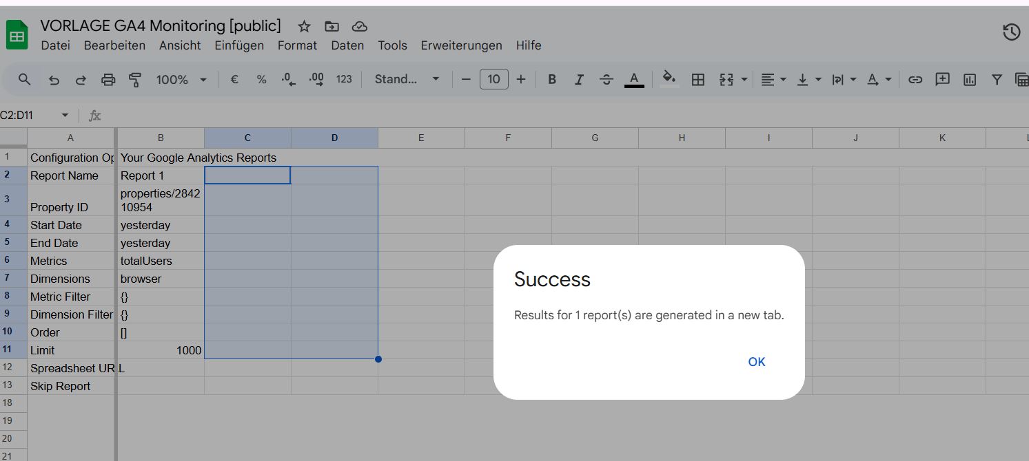 GA4 Report Builder - manuelle Datenabfrage war erfolgreich