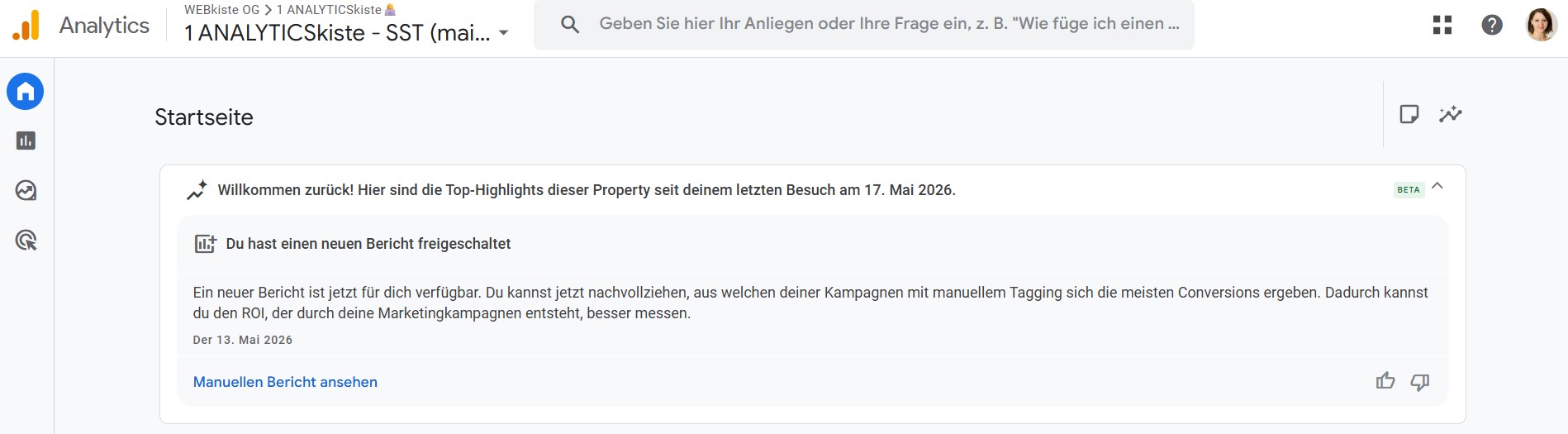 Generated Insight auf der GA4 Startseite