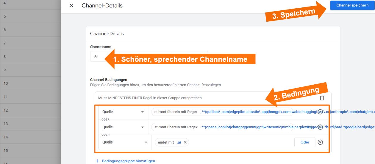 KI-Channel in GA4 definieren mit Regex