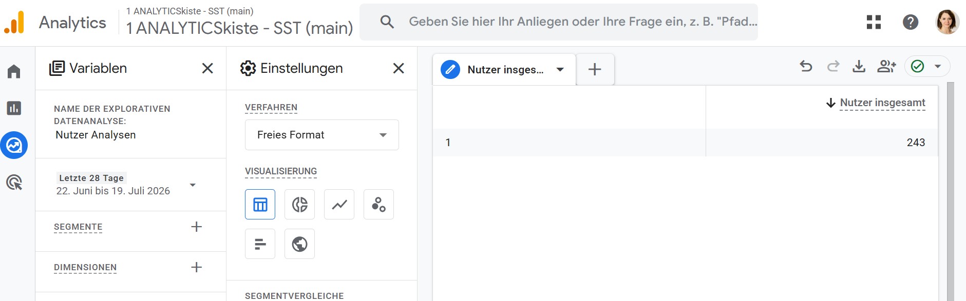Nutzer insgesamt Metrik in der GA4 explorativen Datenanalyse